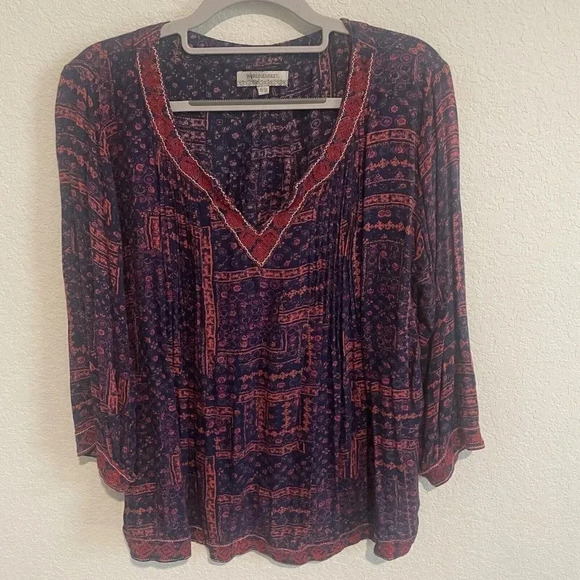 WorldMarket Boho Blouse Womens Small/Medium Top Purple Embroidered V Crew - Picture 1 of 10
